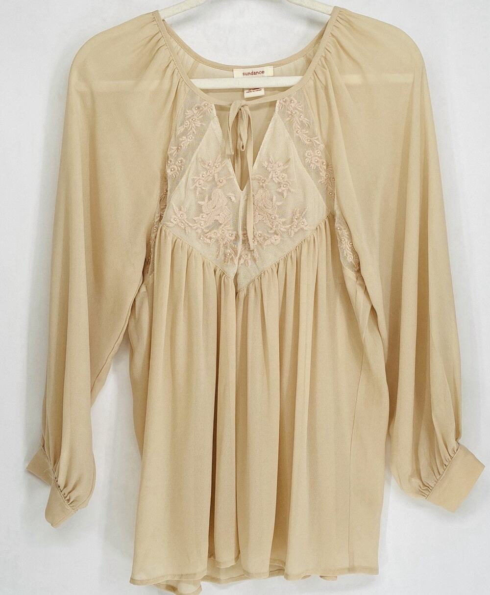 Sundance Shirt XS Womens Beige Embroidered Lace Sheer Cottagecore Top